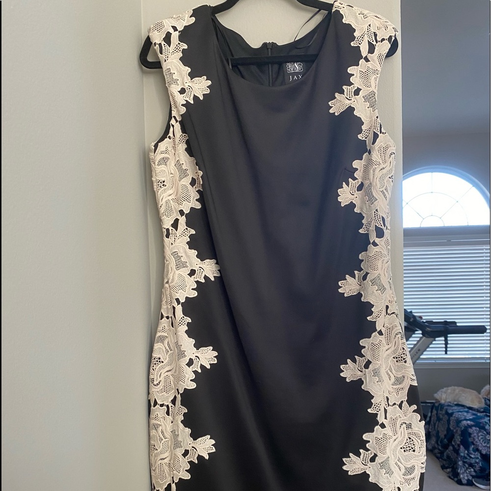Black mid length dress with cream lace detail